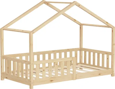 Produktbild von ML-Design Kinderbett Hausbett 80x160 cm Natur, Holzbett mit Rausfallschutz Lattenrost und Dach Spielbett aus massivem Kiefernholz für Kinder Bodenbett