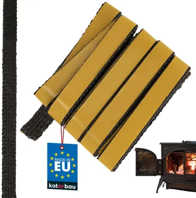 A product shot of fireplace sealing tape and a small wood-burning stove.