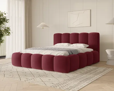 Produktbild von MOEBLO Polsterbett Bubble Bett 18 – Doppelbett Wolkenbett mit Riviera Samt-Velours, gepolstertem Kopfteil, Bettkasten, Gasfedermechanismus und Lattenrost - 180x200 cm - Burgunderrot (Riviera 59)