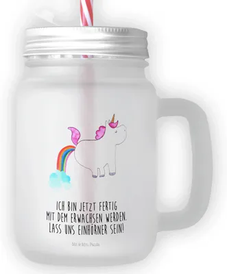 Produktbild von Mr. & Mrs. Panda Glas Einhorn Pupsen - Transparent - Geschenk, Unicorn, Mit Strohhalm, Freundin, Cocktailglas, Glitzer, Henkel Und Deckel, Regenbogen, Spaß, Lustig