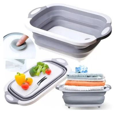 Immagine prodotto di Ciotola pieghevole in silicone con scarico, grigia, per verdure, biancheria, 6l