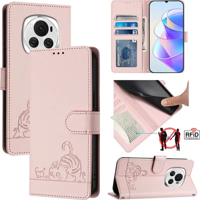 Produktbild von Leder Hülle für Honor Magic6 Süße Katze Flip Case Brieftasche Schutzhülle mit Standfunktion Pink