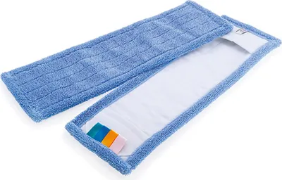 Two blue mop heads are laid out on a white background. One mop head is open, revealing a white insert with three small colored rectangles (pink, orange, and green) at one end.