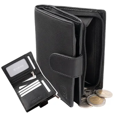 A black leather wallet is shown, partially open, with coins spilling out of a zippered compartment. Another section of the wallet is open to reveal card slots and a clear ID window.