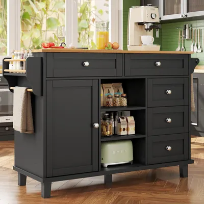 Image de MODFU Meuble de Cuisine - Îlot sur Roulettes avec Tiroirs et Rangement, MDF Noir, 134 × 46 × 92 cm