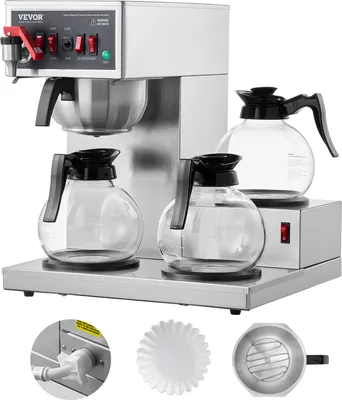 Obrázek produktu pro SucceBuy 12 šálků komerčního kávovaru s filtrem, 3 skleněné karafy a 3 ohřívací desky, kávovar z nerezové oceli pro restaurace, kanceláře, kavárny
