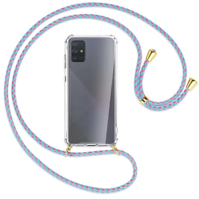 Produktbild von Handykette Backcover-Schutzhülle mit Band (Metall goldfarben) für Samsung Galaxy A71 (A715) - pink/mint