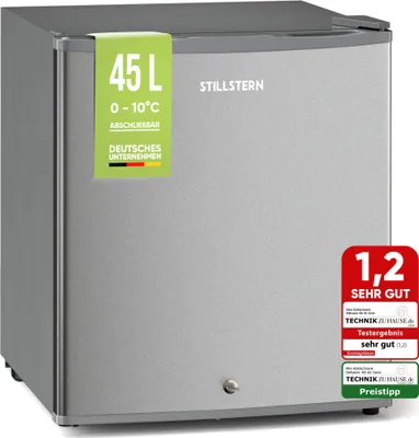 Produktbild von Stillstern Mini Kühlschrank E 45L mit Abtauautomatik, Schloss, Frostfach, Leise, Ideal für Küche, Büro, Schlafzimmer, Hotels und kleine Wohnungen Kühlschrank klein Minibar Getränkekühlschrank
