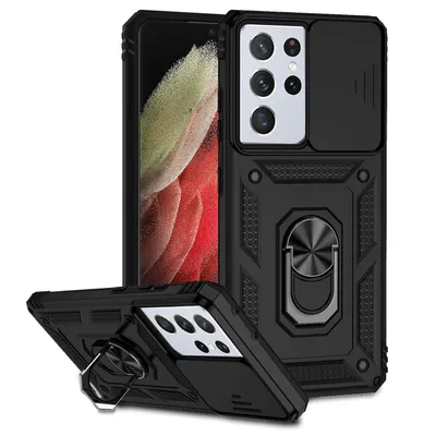 Immagine prodotto di Custodia per Samsung Galaxy S21 Ultra 5G a doppio strato con copertura scorrevole della fotocamera e supporto ad anello nero