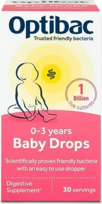 The image shows the front packaging of Optibac Baby Drops, a digestive supplement for babies aged 0-3 years.