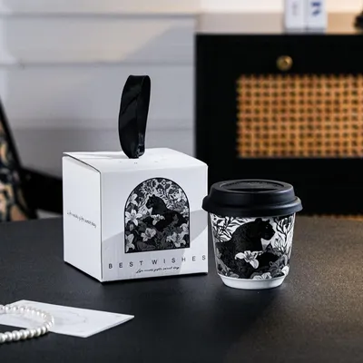 Keramik Kaffeetasse 200 ml mit Deckel, Leopardenmuster, Schwarz