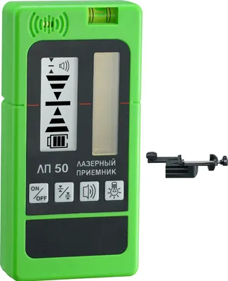 A green laser receiver detector with a black display and buttons, shown against a white background. A black clamp accessory is visible to the right.