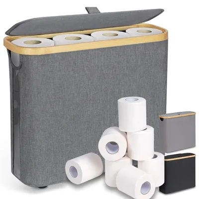 Produktbild von Toiletten-Ersatzrollenhalter 28 L Toilettenpapier Aufbewahrungskorb mit Bambusdeckel Schmaler Badezimmer Organizer für 9–12 Rollen Klopapier,faltbarer