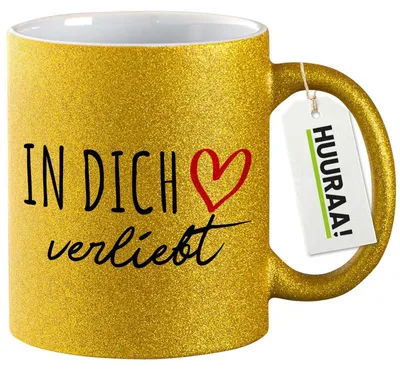 Produktbild von Huuraa Glitzertasse In dich verliebt 330ml Gold Keramik Kaffeebecher Geschenkidee