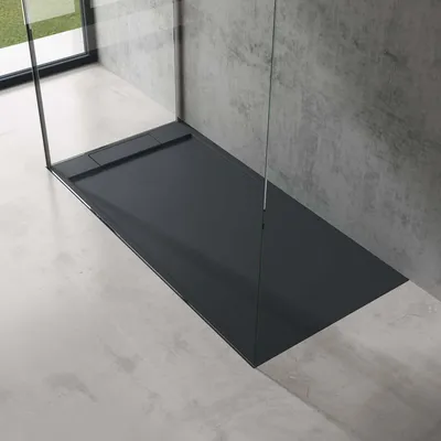 Produktbild von doporro Duschtasse Duschwanne 80x160x4 flach Mineralguss in Anthrazit inkl. Ablaufgarnitur AL06 DIN-Anschlüsse für bodenebene Montage geeignet Geoma04