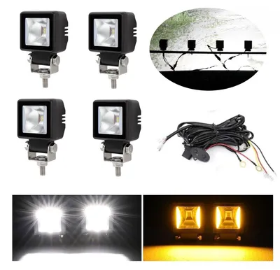 Image de Lot de 4 ampoules halogènes à LED avec câblage, projecteur blanc + feux de jour DRL orange, 12 V–24 V pour tout-terrain/4x4/SUV