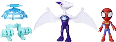 Three toys are displayed against a white background. On the left are two light blue accessories. In the center is a white and purple pterodactyl-like toy. On the right is a small, stylized Spider-Man toy.