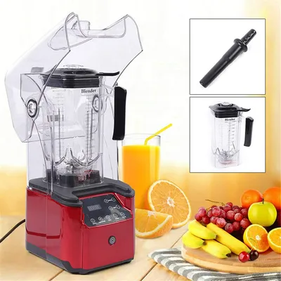A red blender with a clear lid and a glass of orange juice, surrounded by fruits like oranges, grapes, and bananas.