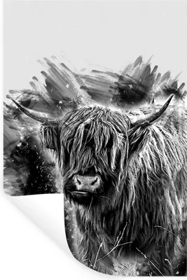 Produktbild von MuchoWow® Wandtattoo Wandsticker Wandaufkleber Schottischer Highlander auf einem Zeichenhintergrund - schwarz und weiß 20x30 cm Selbstklebend und Repositionierbar - Sticker - Dekorfolie