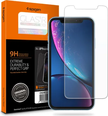 A Spigen screen protector box and a smartphone with a screen protector applied.