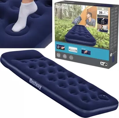 A collage showing a blue inflatable mattress, a close-up of a foot on the mattress, and the product packaging with a lifestyle image of a person camping.