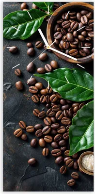 Produktbild von Wanduhr aus Glas mit Motiv Kaffeebohnen Und Blaetter- 30 x 60 cm - inkl. Aufhängesystem