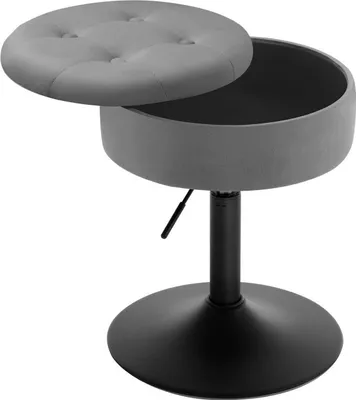 A gray tufted storage stool with its lid partially open, revealing a dark interior. The stool is on a black adjustable pedestal and a black circular base.