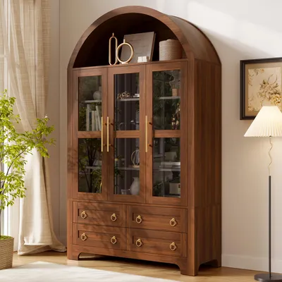 Image de Armoire haute Flieks avec 3 portes, 4 tiroirs et une étagère ouverte en forme d'arc, meuble de rangement avec poignées en aluminium, couleur noyer