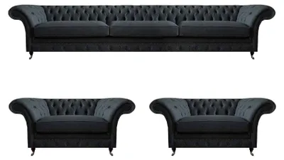 Produktbild von Schwarze Chesterfield Polstergarnitur Moderne Sitzmöbel Stoffsessel 3tlg