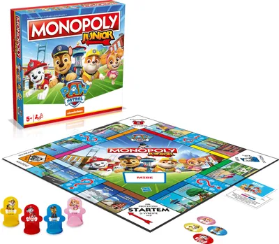 Produktbild von Monopoly Junior Paw Patrol CZ Brettspiel mit 4 exklusiven Figuren, 28 x 31 x 28 cm