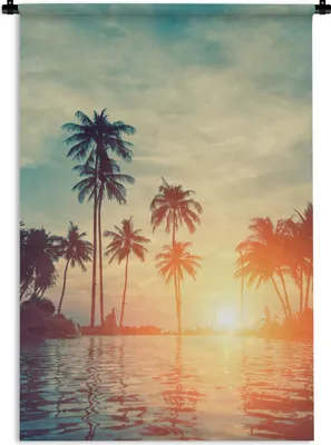 Produktbild von MuchoWow® Wandteppich Wandbehang Meer - Sonnenuntergang - Palme - Wolken 90x135 cm Tapisserie Dekoration Wandtuch - Baumwolle - Wandskulptur