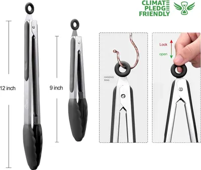 Produktbild von Premium-Küchenzange aus Edelstahl, mit Verriegelung, Kochzange mit Silikonspitze, 2er-Set, 22,9 cm und 30,5 cm lange Zangen