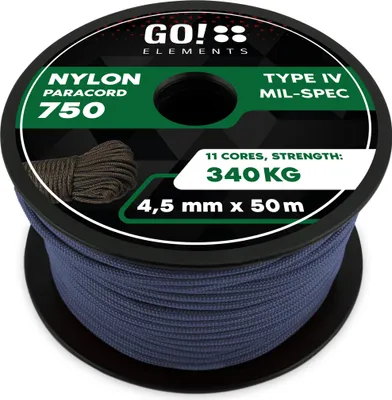 Produktbild von GO!elements 50m Paracord Seil aus reißfester Nylonschnur - 4,5mm Paracord 750 Typ IV Schnur - geeignet als Allzweckseil & Reepschnur - Max. 340kg, Farbe: Grau-Blau