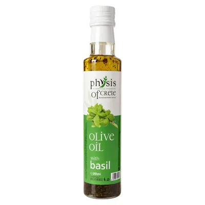 Physis of Crete Basilikum-Olivenöl Extra Native 250 ml Flasche auf weißem Grund