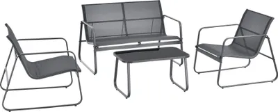 A set of outdoor furniture including a bench, two chairs, and a coffee table, displayed on a white background.