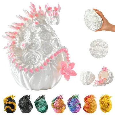 A collage of dragon egg figurines, with a large white and pink dragon egg with floral decorations as the main focus, and smaller colorful dragon eggs at the bottom.