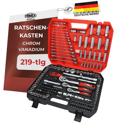 Produktbild von FAMEX 555-50 Steckschlüsselsatz 219-tlg, 1/4" und 1/2" CR-V Ratschenkasten, mit Bits, Verlängerungen und Adaptern, Werkzeug Set für Auto
