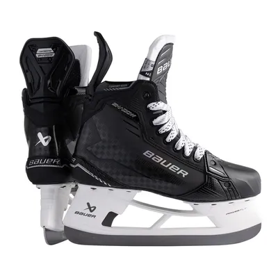 A pair of black Bauer Supreme SHADOW ice hockey skates shown from a side-diagonal angle against a white background.
