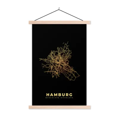 Produktbild von MuchoWow® Textilposter Hamburg - Karte - Stadtplan - Gold - Karte 40x60 cm mit holzfarbenen Rahmen - Poster