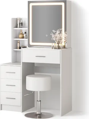 Produktbild von Schminktisch Livinity Monza Weiß mit LED-Spiegel und Hocker, Model 52464