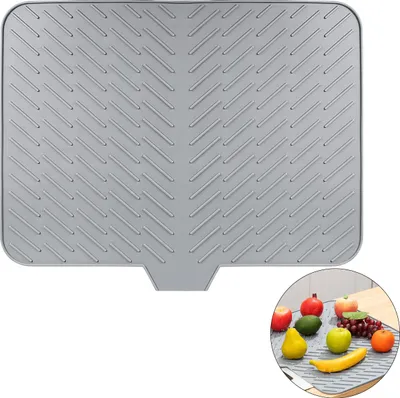 Produktbild von Silikon Abtropfmatte Küche 58x43 cm, Mit Ablauf, Hitzebeständig & Rutschfest, Für Spüle & Arbeitsplatte, Grau