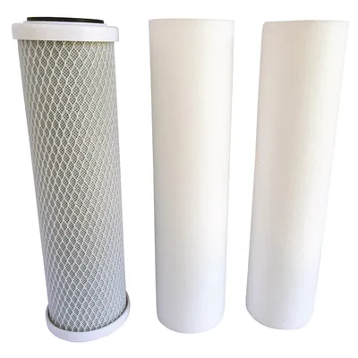 Produktbild von AQUAWATER – 104205 – 3er-Set Filterpatronen für Osmoseanlage: 2 Filterpatronen (20 µm und 5 µm) zur Entfernung von Verunreinigungen aus dem Leitungswasser und 1 Aktivkohlepatronen zur Beseitigung von Geschmack und Geruch im Wasser – Für 10-Zoll-Behälter – 6 Monate