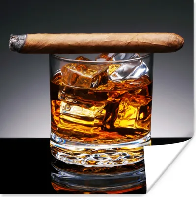 Produktbild von MuchoWow® Poster Whiskey - Zigarre - Glas 75x75 cm - Wand Dekoration