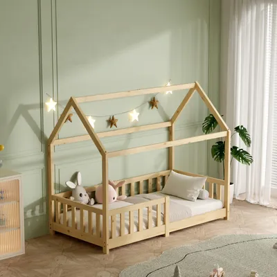 Zdjęcie produktu dla Łóżko dziecięce 80×160 z barierką ochronną i stelażem, łóżko-domek – łóżko dziecięce 90×200 dla dzieci – łóżko-domek dziecięce 80×160 naturalne