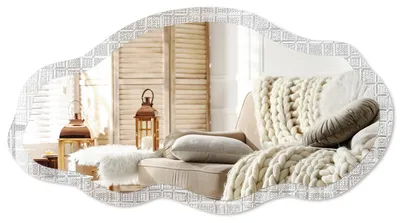 Imagen del producto de Espejo de pared moderno con un borde decorativo, de 90x45 cm. Espejo asimétrico de forma libre, ideal para decorar salones, pasillos y dormitorios. Textura cuadrada, Imagen generada por IA