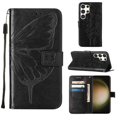 Produktbild von Galaxy S25 Ultra Hülle, Schmetterling Prägung Leder Kartenfächer Schutzhülle mit Ständer für Samsung Galaxy S25 Ultra Schwarz