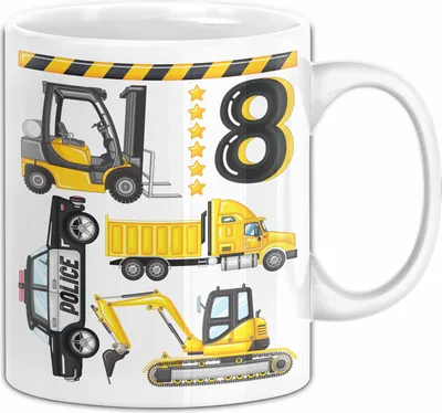 Produktbild von 8. Geburtstag Geschenk Tasse Becher Jungen Jungs Baustelle Polizei Geburtstagsgeschenk 8 (Weiß)