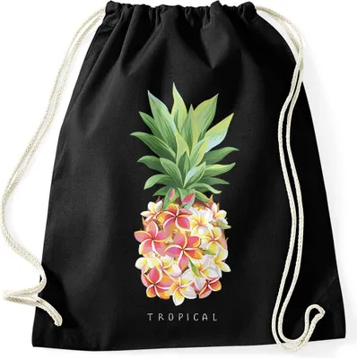 Produktbild von Turnbeutel Ananas Blumen Pineapple Flowers Tropical Summer Paradise Hipster Beutel Tasche Gymsac Autiga® schwarz unisize