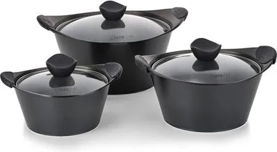 Imagen del producto de Juego de ollas de aluminio Unyqoos® de 6 piezas: 3 ollas de Ø 20/24/28 cm (2L/4L/6,4L) con revestimiento antiadherente y tapas de vidrio, aptas para inducción, gas y cocina eléctrica