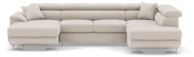 Image de Best Mobilier Baoji - Canapé panoramique d'angle droit 7 places convertible avec têtières et coffre en velours côtelé , Beige